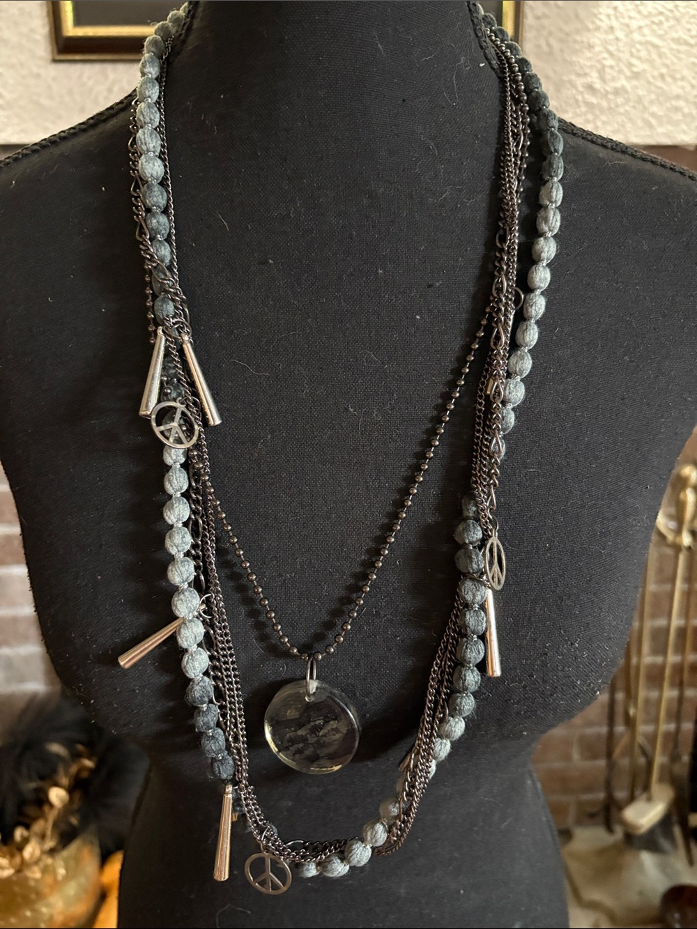 Vintage Multi-Strand Blue Gray Beaded Necklace with Pendant